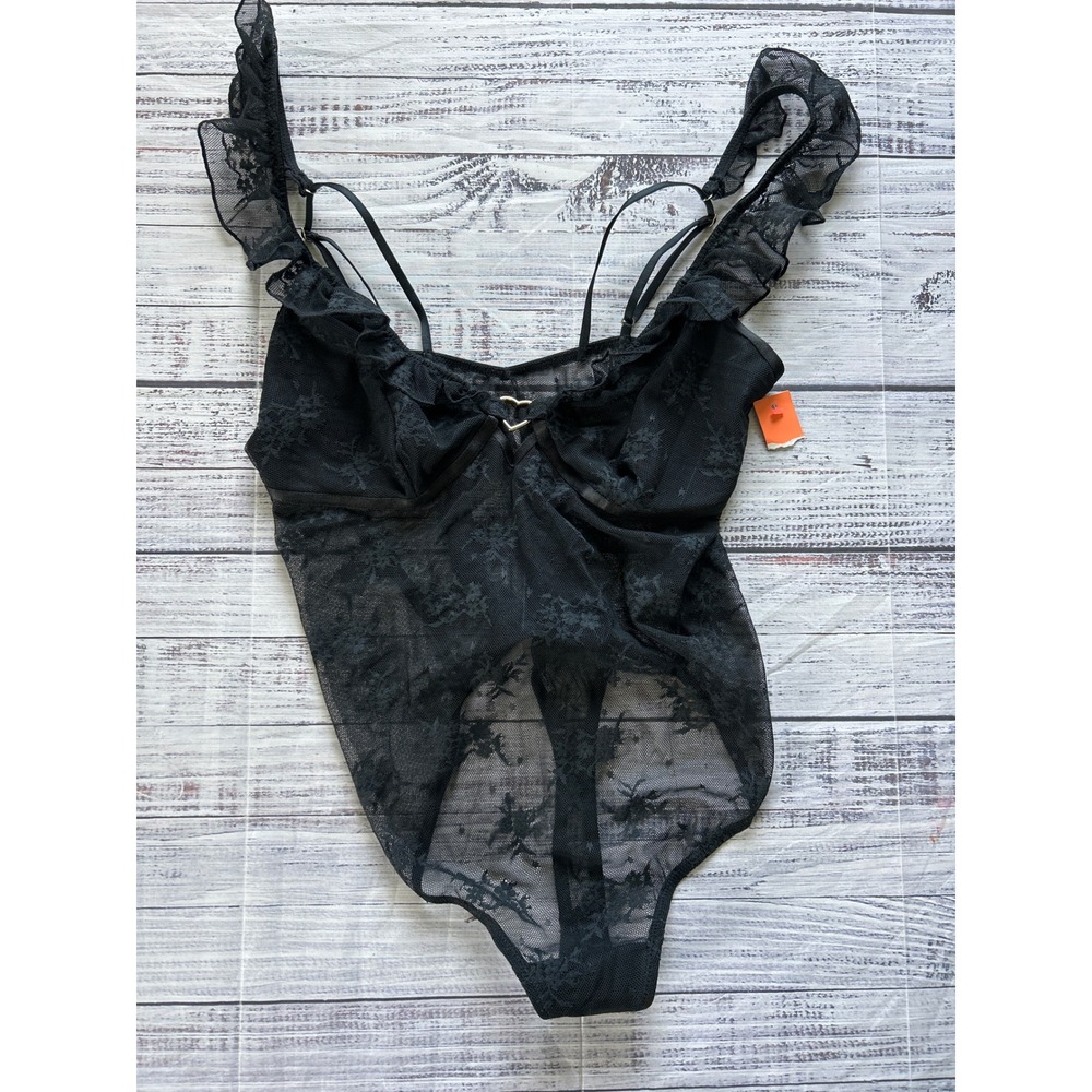 Colsie Lace Babydoll Bodysuit Women Black Ruffle Heart Detail Medium